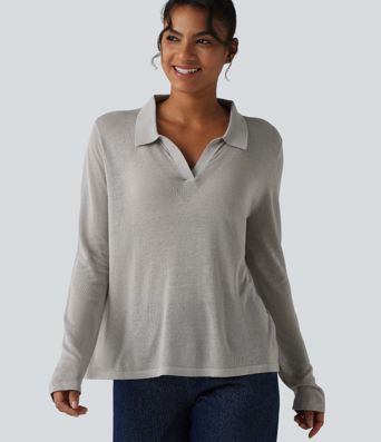 Polo Neck Long Sleeve Lyocell Linen Casual Sweater