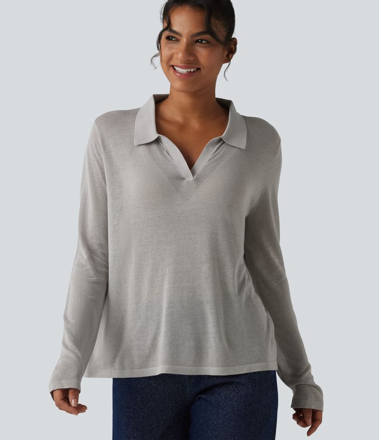 Polo Neck Long Sleeve Lyocell Linen Casual Sweater