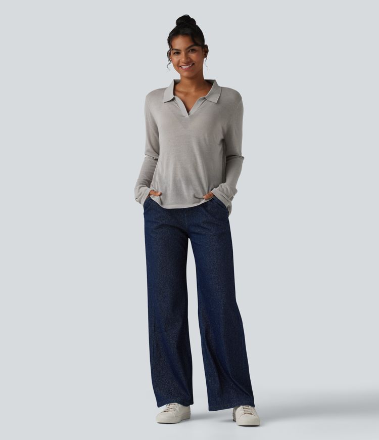 Polo Neck Long Sleeve Lyocell Linen Casual Sweater