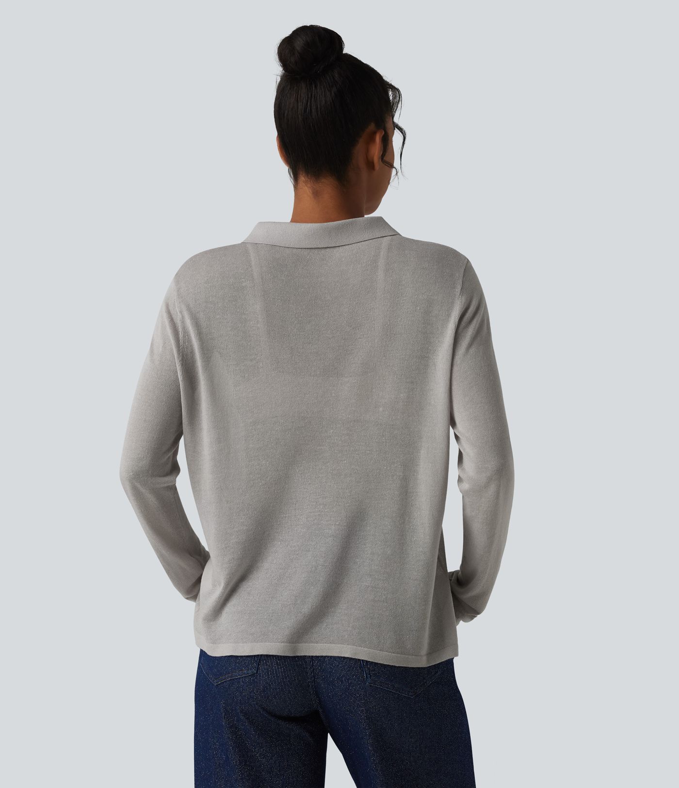 Polo Neck Long Sleeve Lyocell Linen Casual Sweater