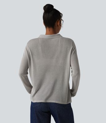 Polo Neck Long Sleeve Lyocell Linen Casual Sweater