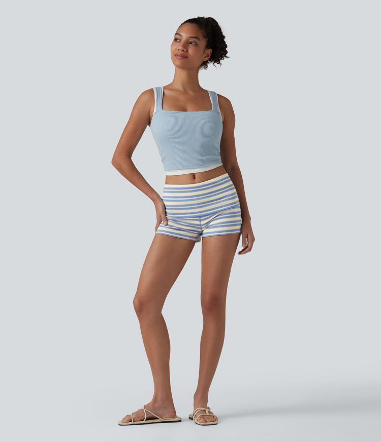 Casual ribbed knit shorts with a low fold-over waistband and stripes - skinny fit