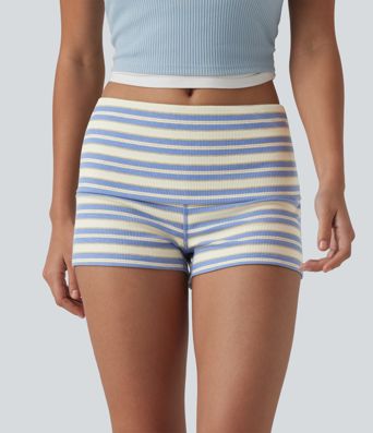 Casual ribbed knit shorts with a low fold-over waistband and stripes - skinny fit