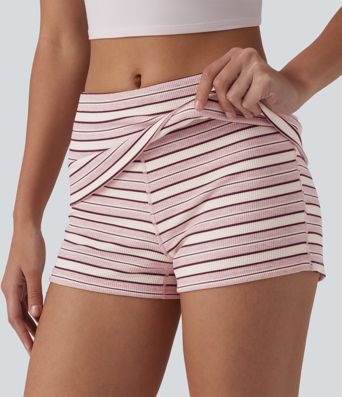 Ribbed Knit Foldover Low Rise Stripes Casual Skinny Shorts