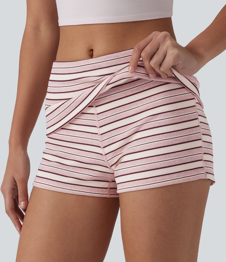 Ribbed Knit Foldover Low Rise Stripes Casual Skinny Shorts