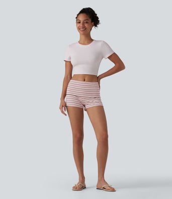 Ribbed Knit Foldover Low Rise Stripes Casual Skinny Shorts