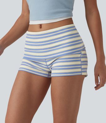 Casual ribbed knit shorts with a low fold-over waistband and stripes - skinny fit