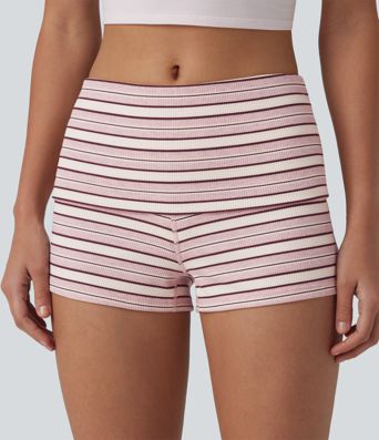 Ribbed Knit Foldover Low Rise Stripes Casual Skinny Shorts