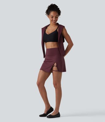 High Waisted Asymmetric Hem 2-in-1 A-line Mini Dance Skirt with Pockets