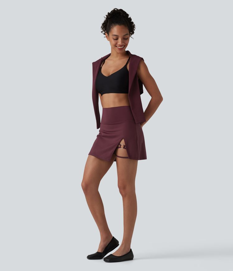 High Waisted Asymmetric Hem 2-in-1 A-line Mini Dance Skirt with Pockets