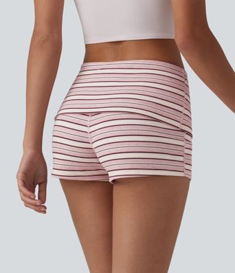Ribbed Knit Foldover Low Rise Stripes Casual Skinny Shorts