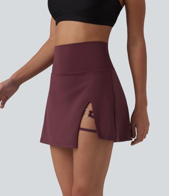 High Waisted Asymmetric Hem 2-in-1 A-line Mini Dance Skirt with Pockets