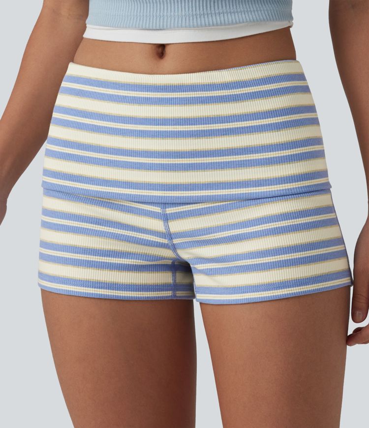 Casual ribbed knit shorts with a low fold-over waistband and stripes - skinny fit