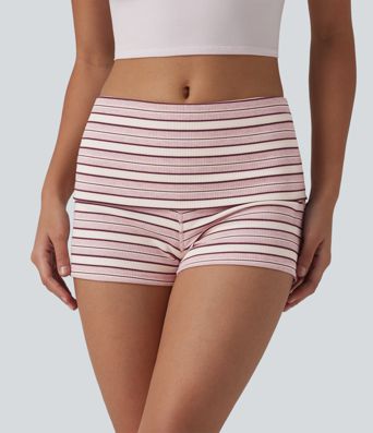 Ribbed Knit Foldover Low Rise Stripes Casual Skinny Shorts