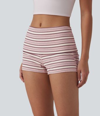 Ribbed Knit Foldover Low Rise Stripes Casual Skinny Shorts