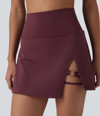 High Waisted Asymmetric Hem 2-in-1 A-line Mini Dance Skirt with Pockets