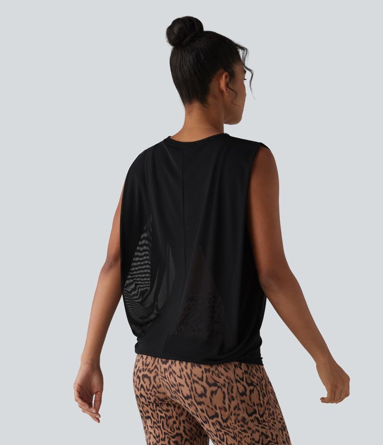 Débardeur de running en mesh transparent froncé col rond
