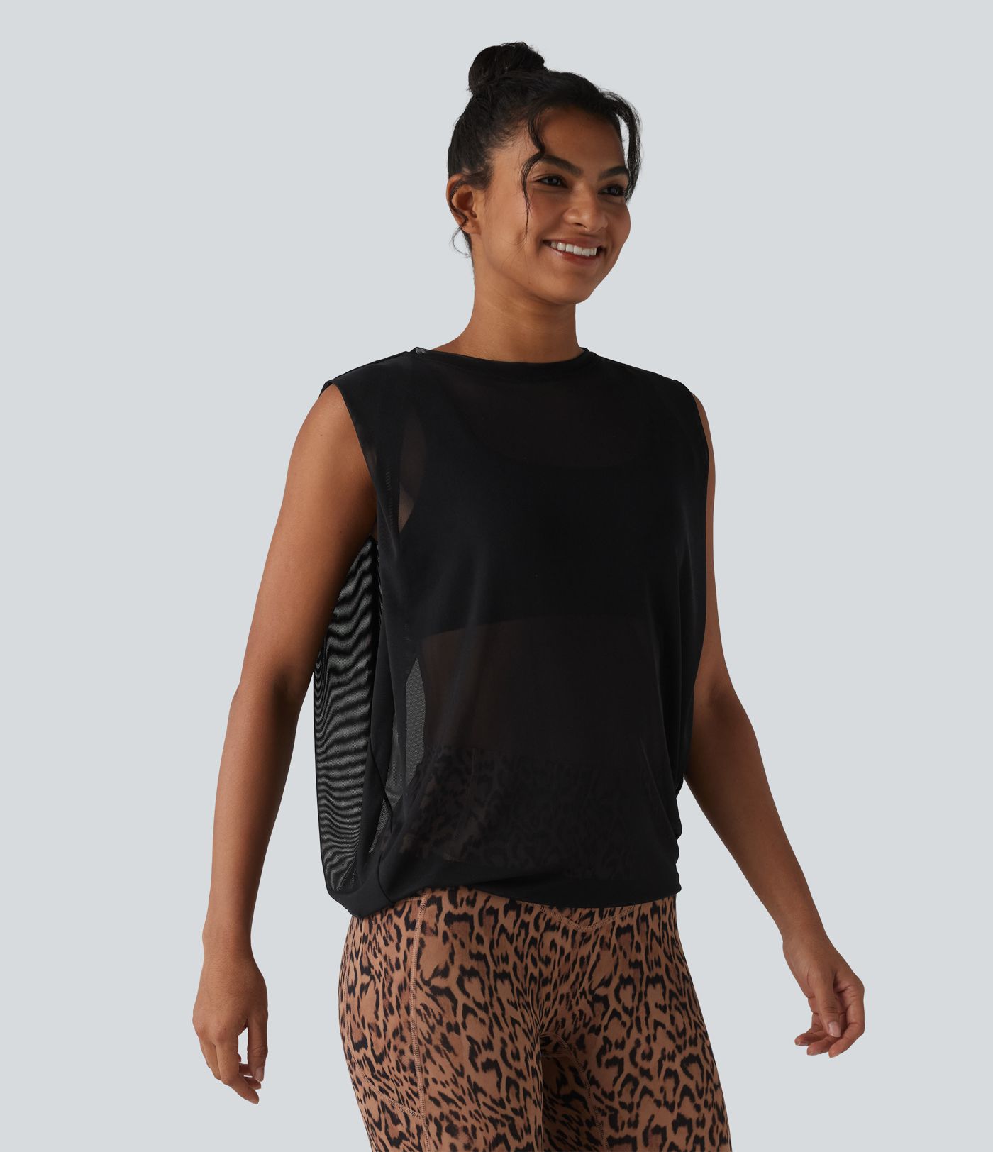 Débardeur de running en mesh transparent froncé col rond