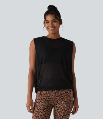Débardeur de running en mesh transparent froncé col rond