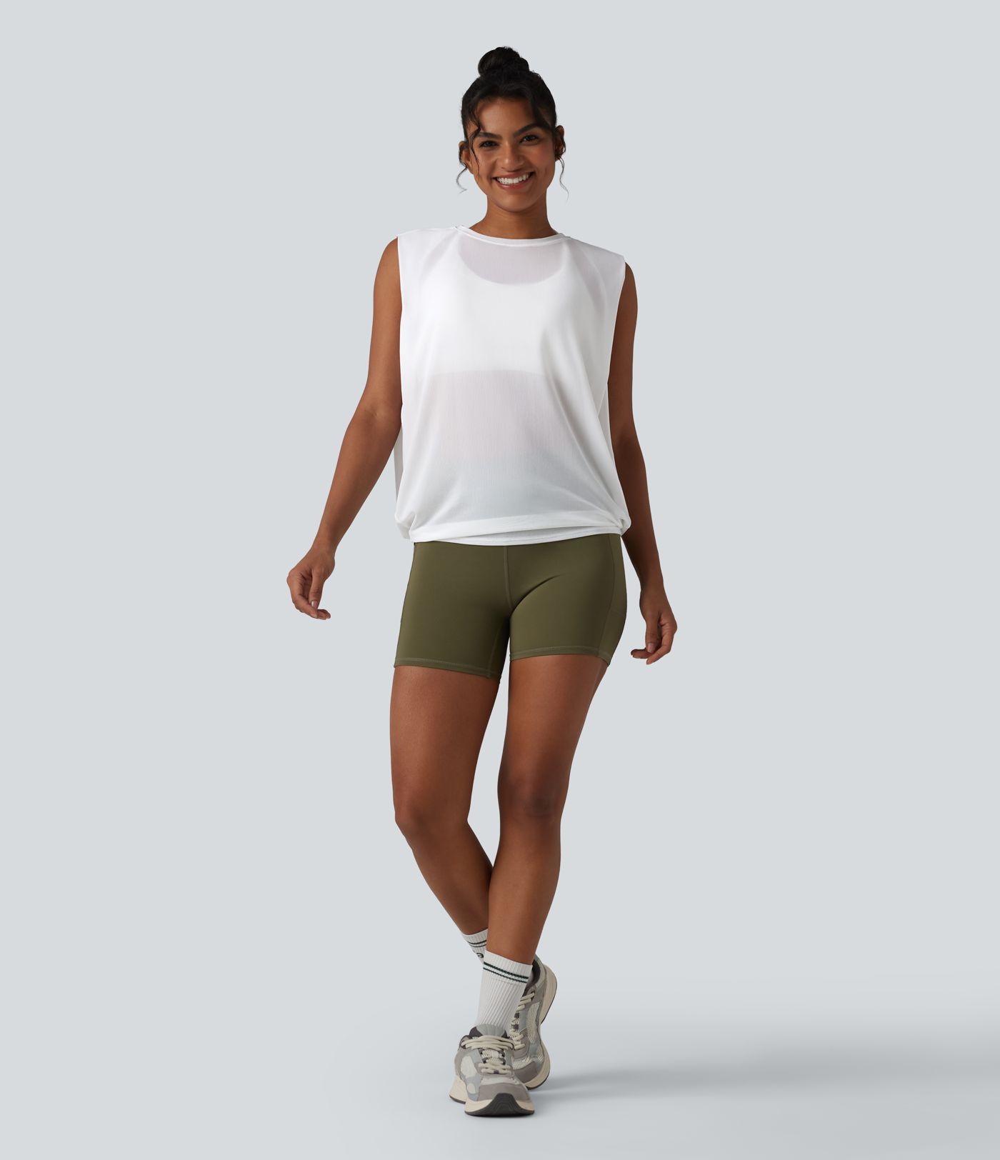 Débardeur de running en mesh transparent froncé col rond