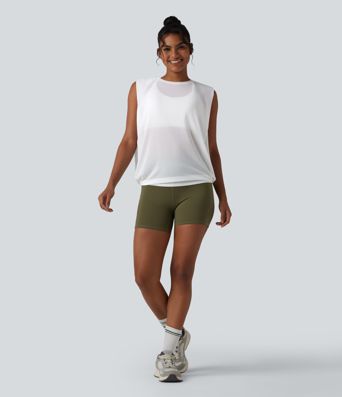 Débardeur de running en mesh transparent froncé col rond