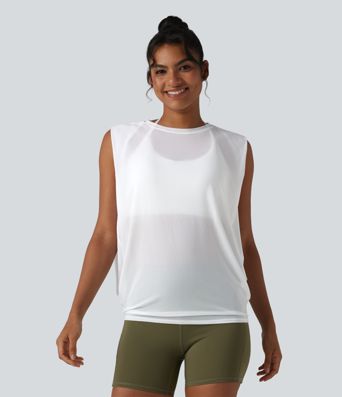 Débardeur de running en mesh transparent froncé col rond