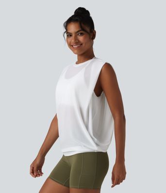 Débardeur de running en mesh transparent froncé col rond