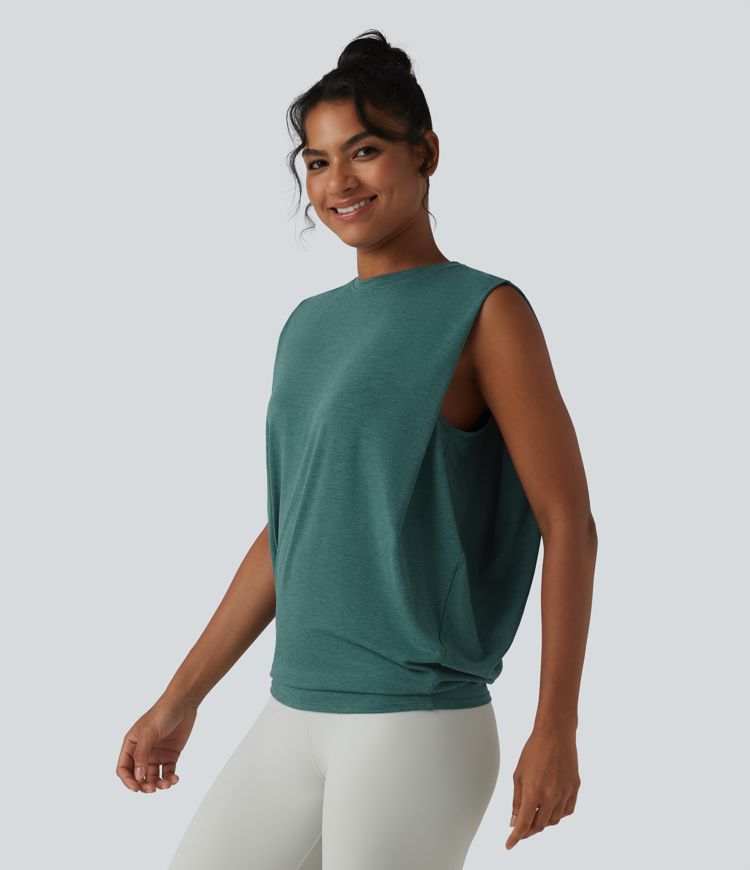 Round Neck Ruched Heathered Yoga Tank Top