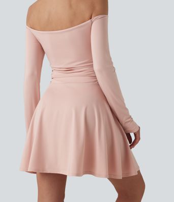 Off-shoulder Long Sleeve Ruched 2-in-1 Built-in Bra Casual Dress with Pocket-Easy Peezy