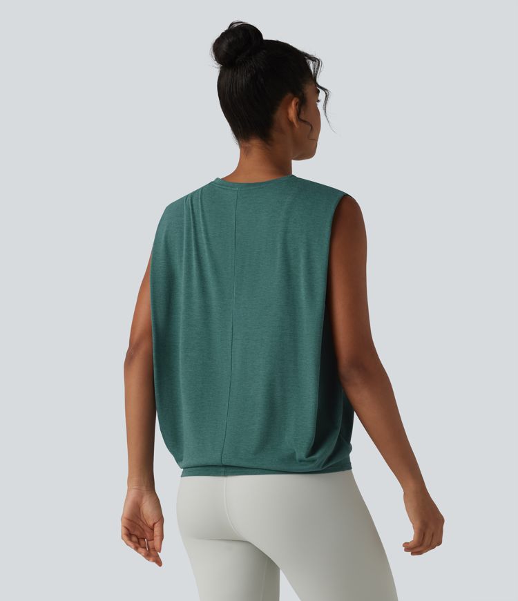 Round Neck Ruched Heathered Yoga Tank Top