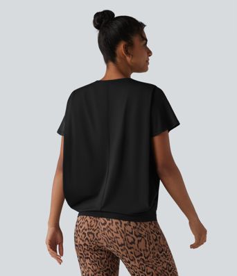 Round Neck Short Sleeve Ruched Cool Touch Yoga Sports Top-UPF50+