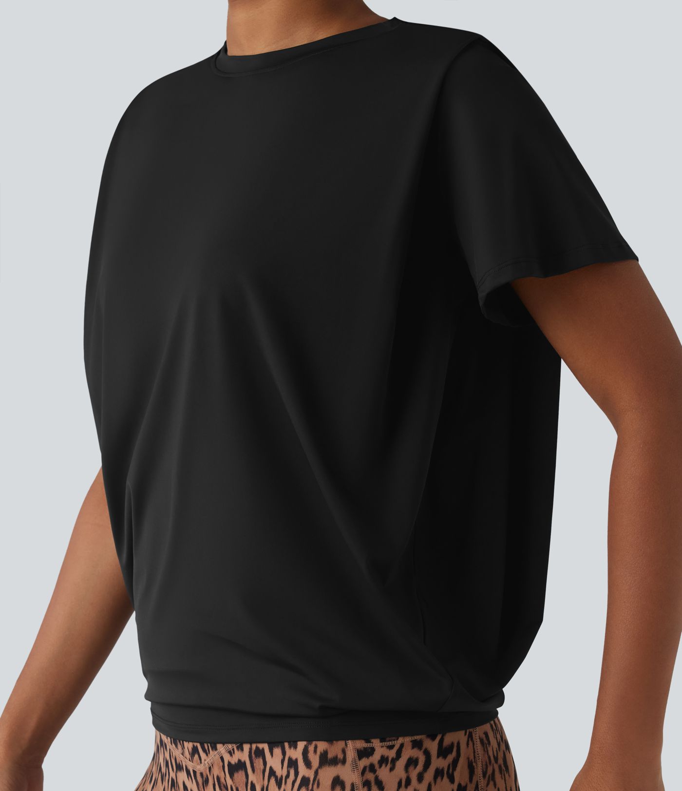 Round Neck Short Sleeve Ruched Cool Touch Yoga Sports Top-UPF50+