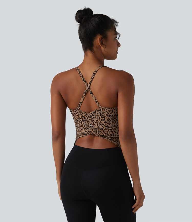 Halara UltraSculpt™ Leopard Print Scoop Neck Built-in Bra Crossover Hem Yoga Tank Top
