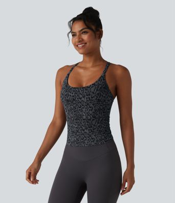 Halara UltraSculpt™ Leopard Print Scoop Neck Built-in Bra Crossover Hem Yoga Tank Top