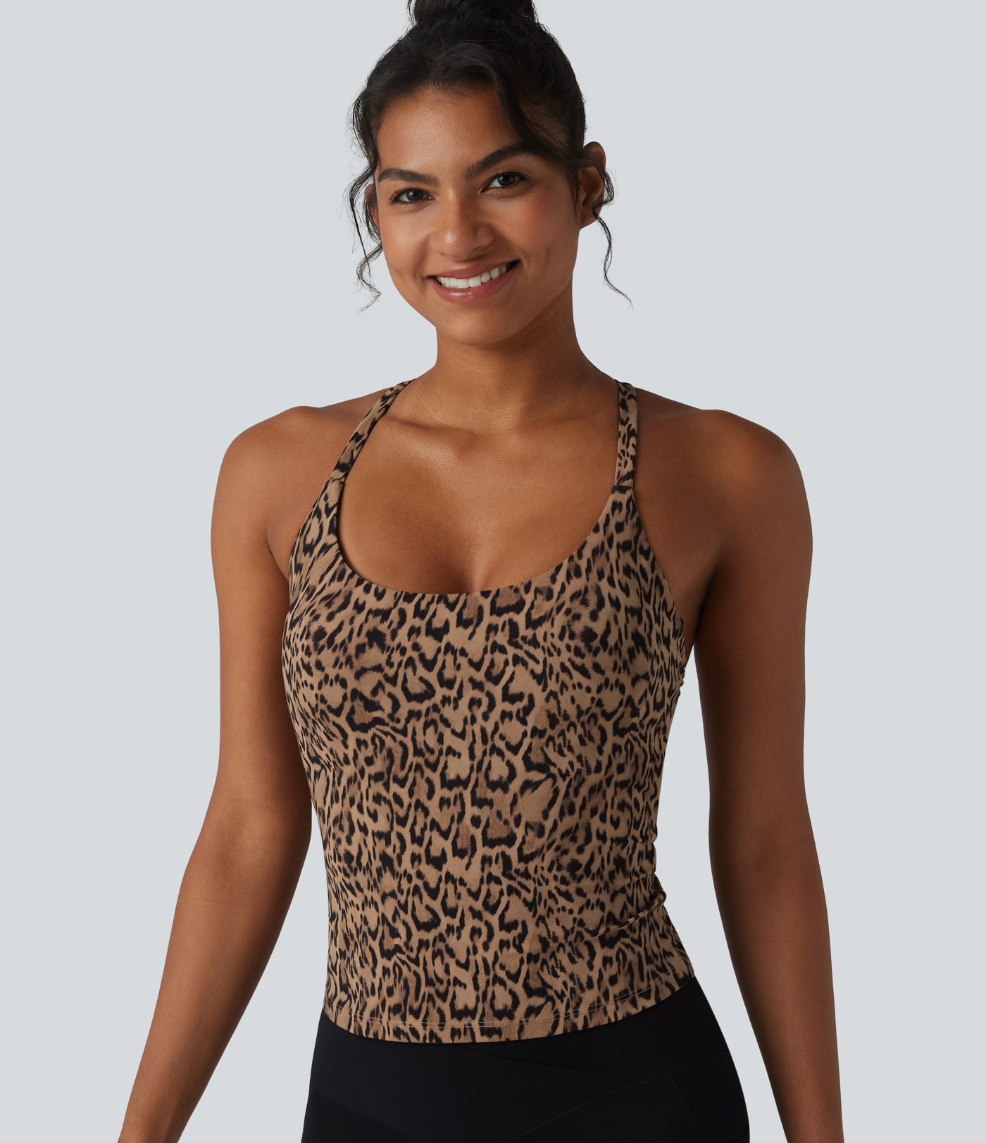 Halara UltraSculpt™ Leopard Print Scoop Neck Built-in Bra Crossover Hem Yoga Tank Top