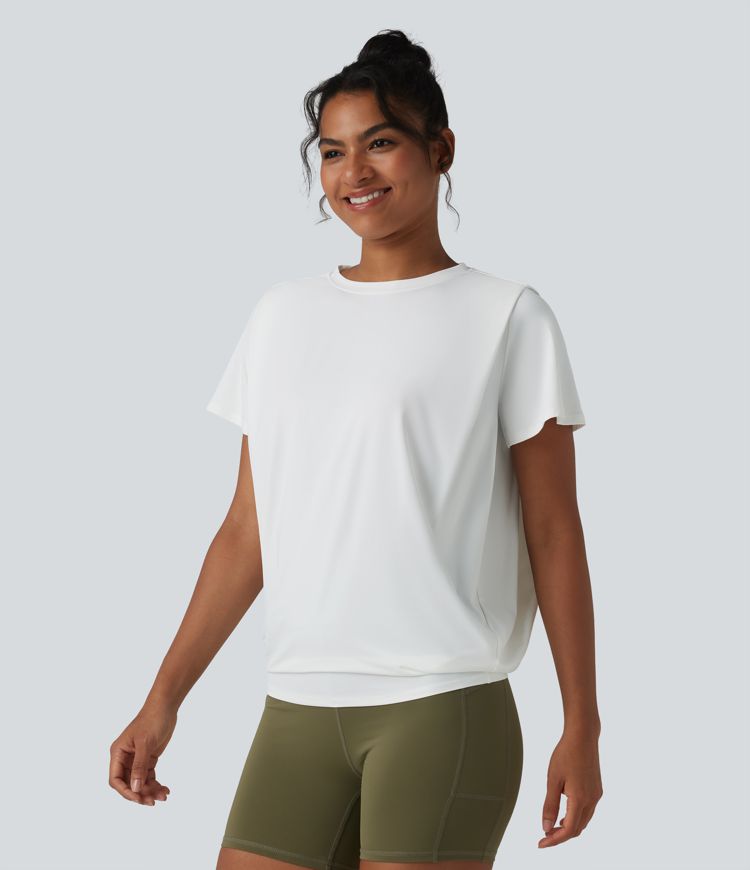 Round Neck Short Sleeve Ruched Cool Touch Yoga Sports Top-UPF50+