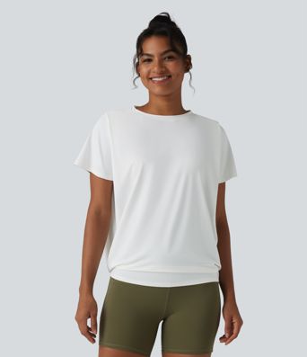 Round Neck Short Sleeve Ruched Cool Touch Yoga Sports Top-UPF50+