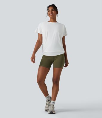 Round Neck Short Sleeve Ruched Cool Touch Yoga Sports Top-UPF50+