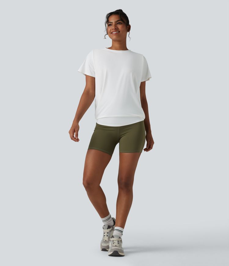 Round Neck Short Sleeve Ruched Cool Touch Yoga Sports Top-UPF50+