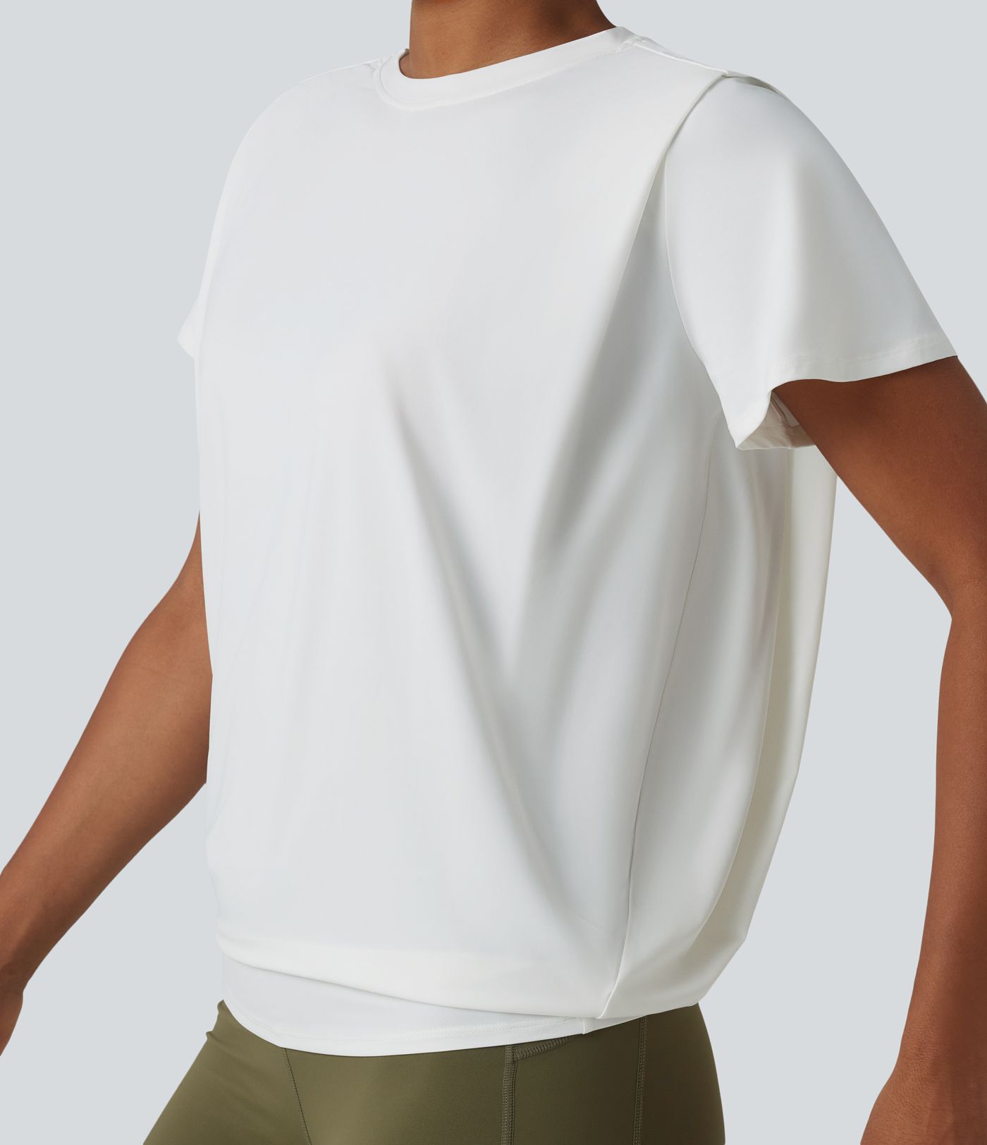 Round Neck Short Sleeve Ruched Cool Touch Yoga Sports Top-UPF50+