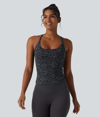Halara UltraSculpt™ Leopard Print Scoop Neck Built-in Bra Crossover Hem Yoga Tank Top