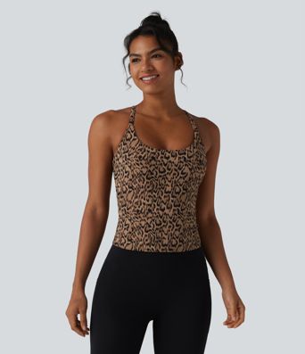 Halara UltraSculpt™ Leopard Print Scoop Neck Built-in Bra Crossover Hem Yoga Tank Top