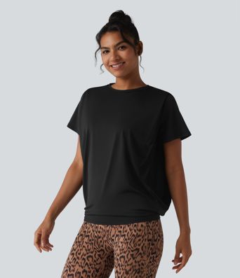 Round Neck Short Sleeve Ruched Cool Touch Yoga Sports Top-UPF50+