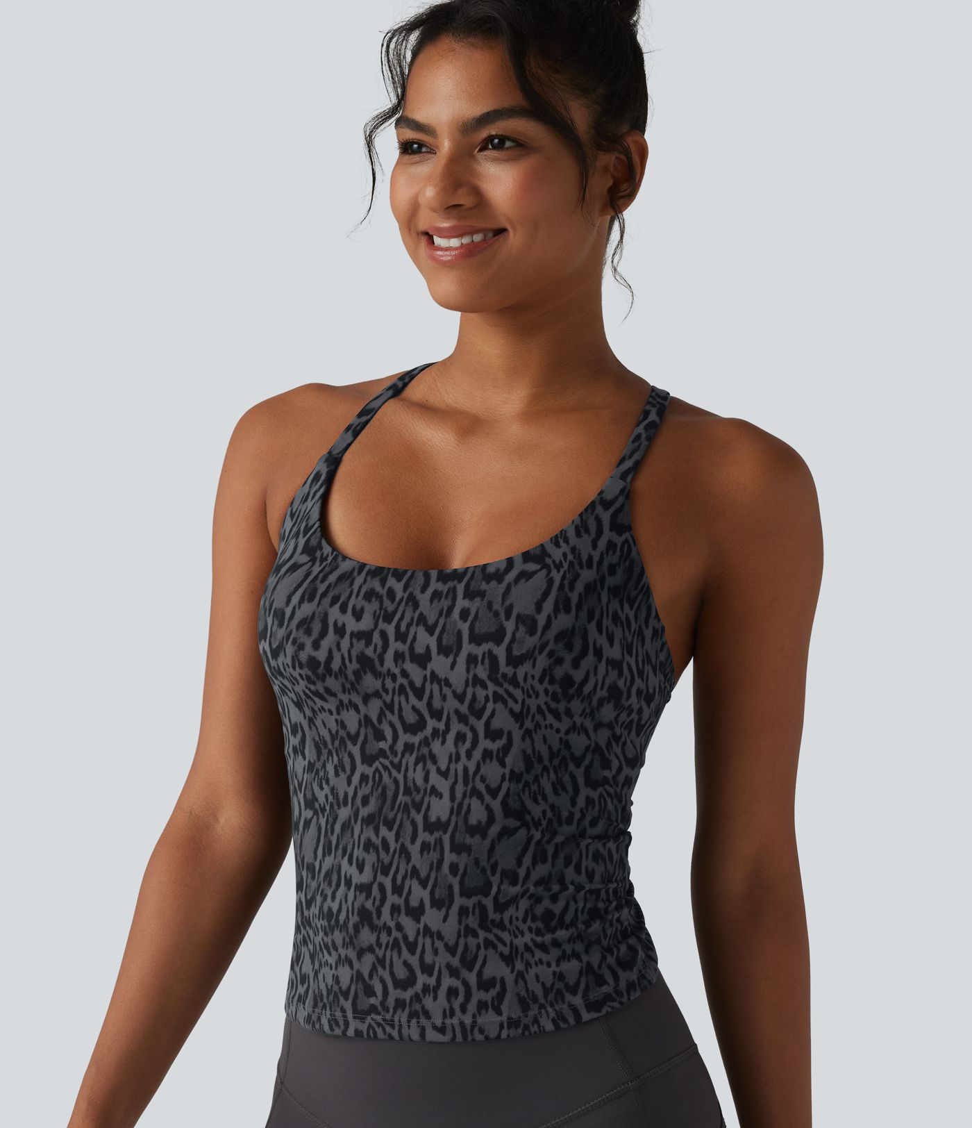 Halara UltraSculpt™ Leopard Print Scoop Neck Built-in Bra Crossover Hem Yoga Tank Top