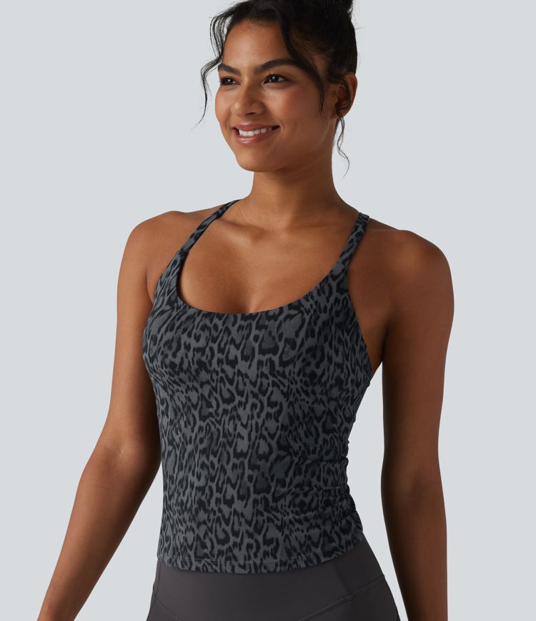 Halara UltraSculpt™ Leopard Print Scoop Neck Built-in Bra Crossover Hem Yoga Tank Top