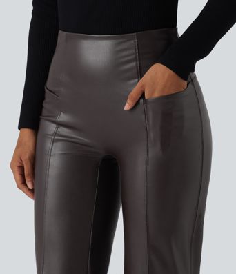 High Waisted Tummy Control Stretchy PU Casual Flare Pants with Pockets High Waisted Tummy Control Stretchy PU Casual Flare Pants with Pockets