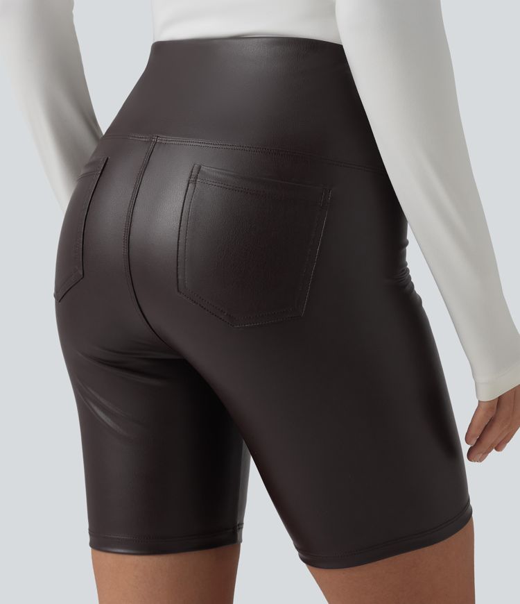 High Waisted Tummy Control Stretchy PU Casual Biker Shorts 7'' with Pockets High Waisted Tummy Control Stretchy PU Casual Biker Shorts 7'' with Pockets
