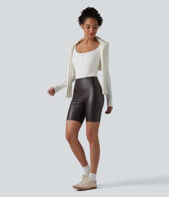 High Waisted Tummy Control Stretchy PU Casual Biker Shorts 7'' with Pockets High Waisted Tummy Control Stretchy PU Casual Biker Shorts 7'' with Pockets