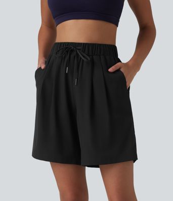 High Waisted Elastic Waistband Drawstring Pleated Yoga Shorts 7'' with Pockets