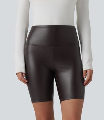 High Waisted Tummy Control Stretchy PU Casual Biker Shorts 7'' with Pockets High Waisted Tummy Control Stretchy PU Casual Biker Shorts 7'' with Pockets